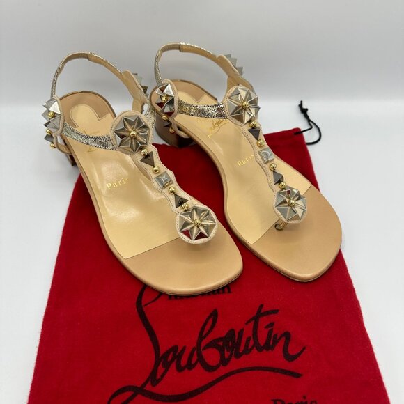 Christian Louboutin Kaleidra Spike T-Strap Red Sole Sandal, Nude Size 38.5 - Picture 2 of 8